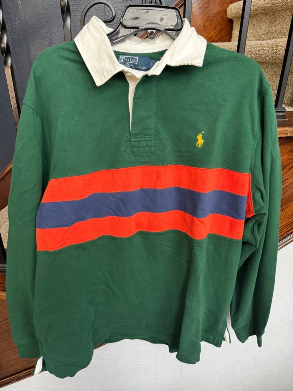 NEW Large Polo by Ralph Lauren Green Rugby with Red & Navy Stripes shirt - Picture 6 of 11
